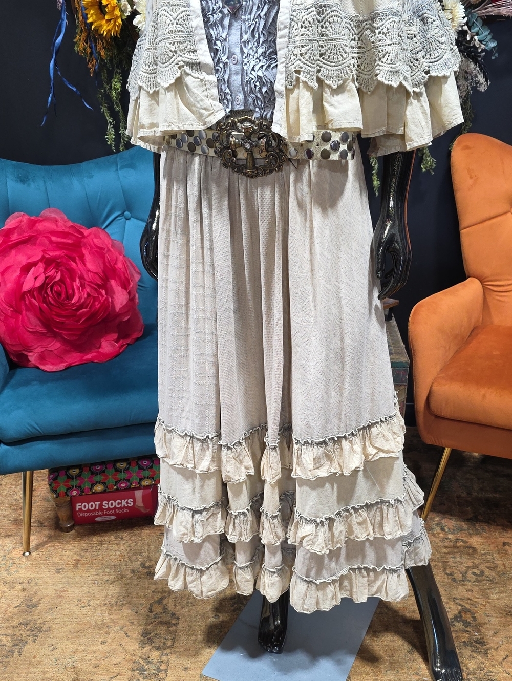 SOLD! Young Threads Latte Boho Cream Maxi Skirt with Layered Ruffles - Picture 2 of 10